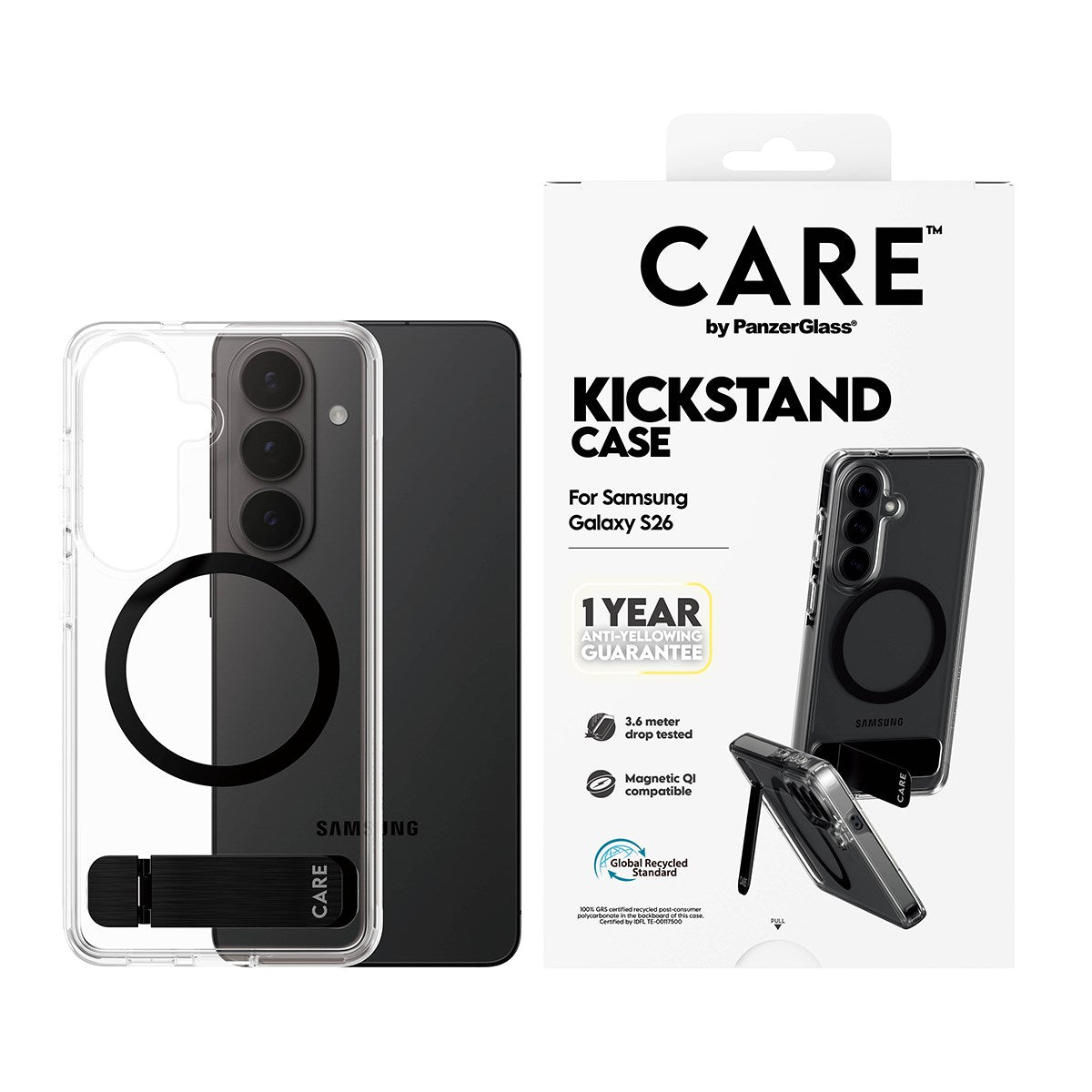 CARE™ by PanzerGlass® Urban Explorer Case Transparent w. Black Kickstand & Qi Samsung Galaxy S26
